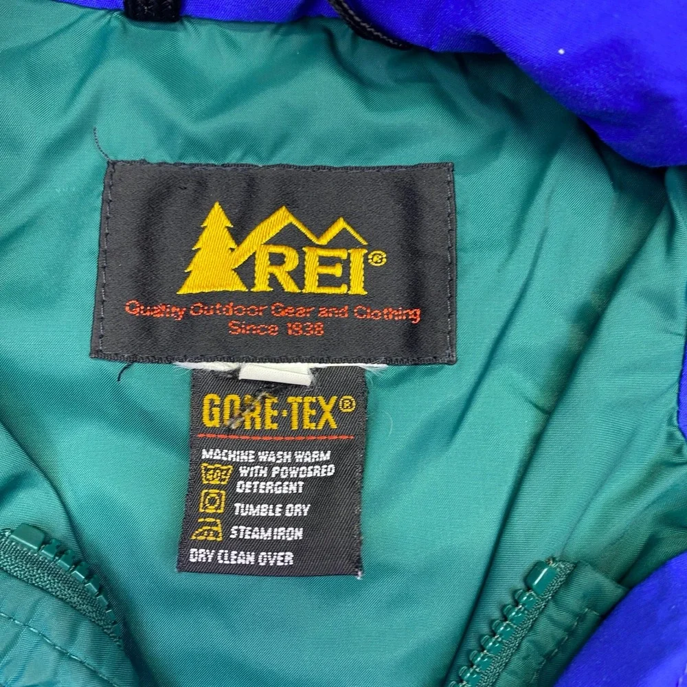 REI Gore-Tex‎ Jacket Blue Green Hooded Outdoor Hiking Adventure Size S Grunge